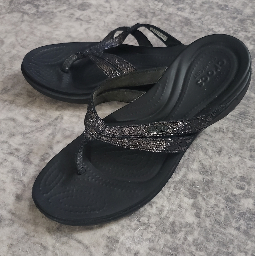CROCS Black Sandals with Glittery Strap and Contoured Footbed